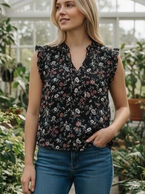 Tamara H Black Floral Ruffle Sleeve Sheer Blouse Size M